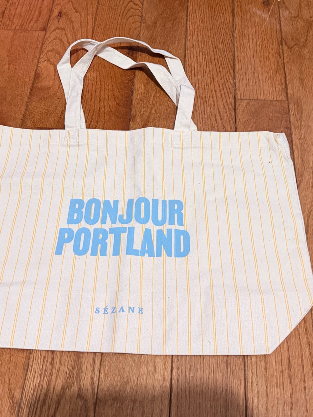 Sezane Cream Tote with Yellow Pinstripes and Blue Print